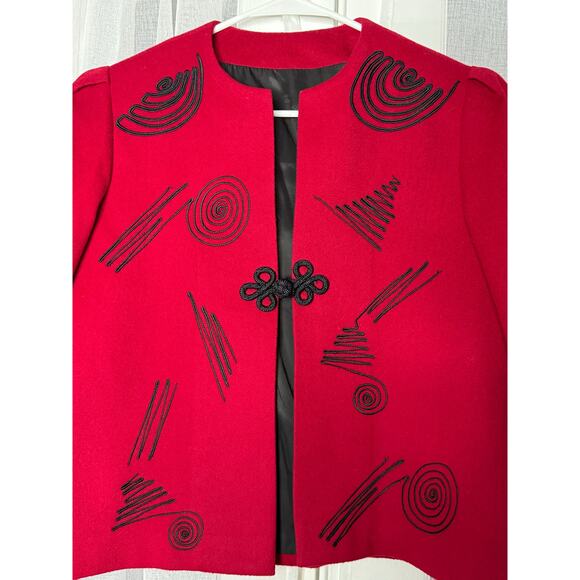 Vintage Red Wool Cropped collarless blazer black accents & frog goggle size M - Picture 3 of 17